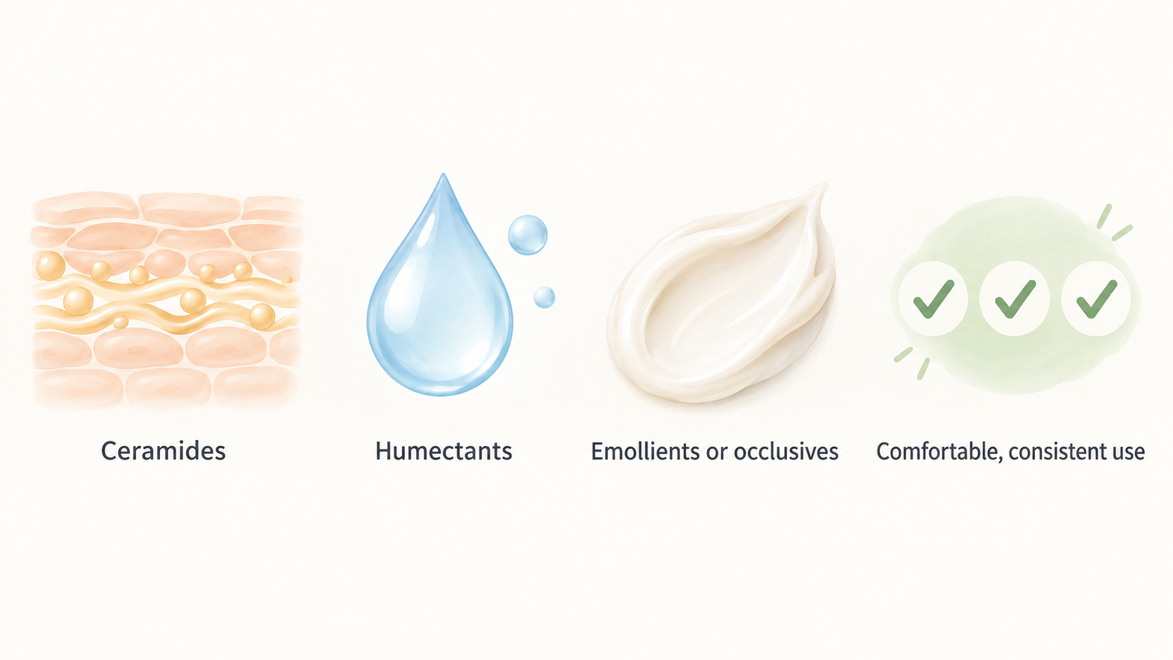 Visually distinguish the stated moisturiser textures and their context for notably dry skin.