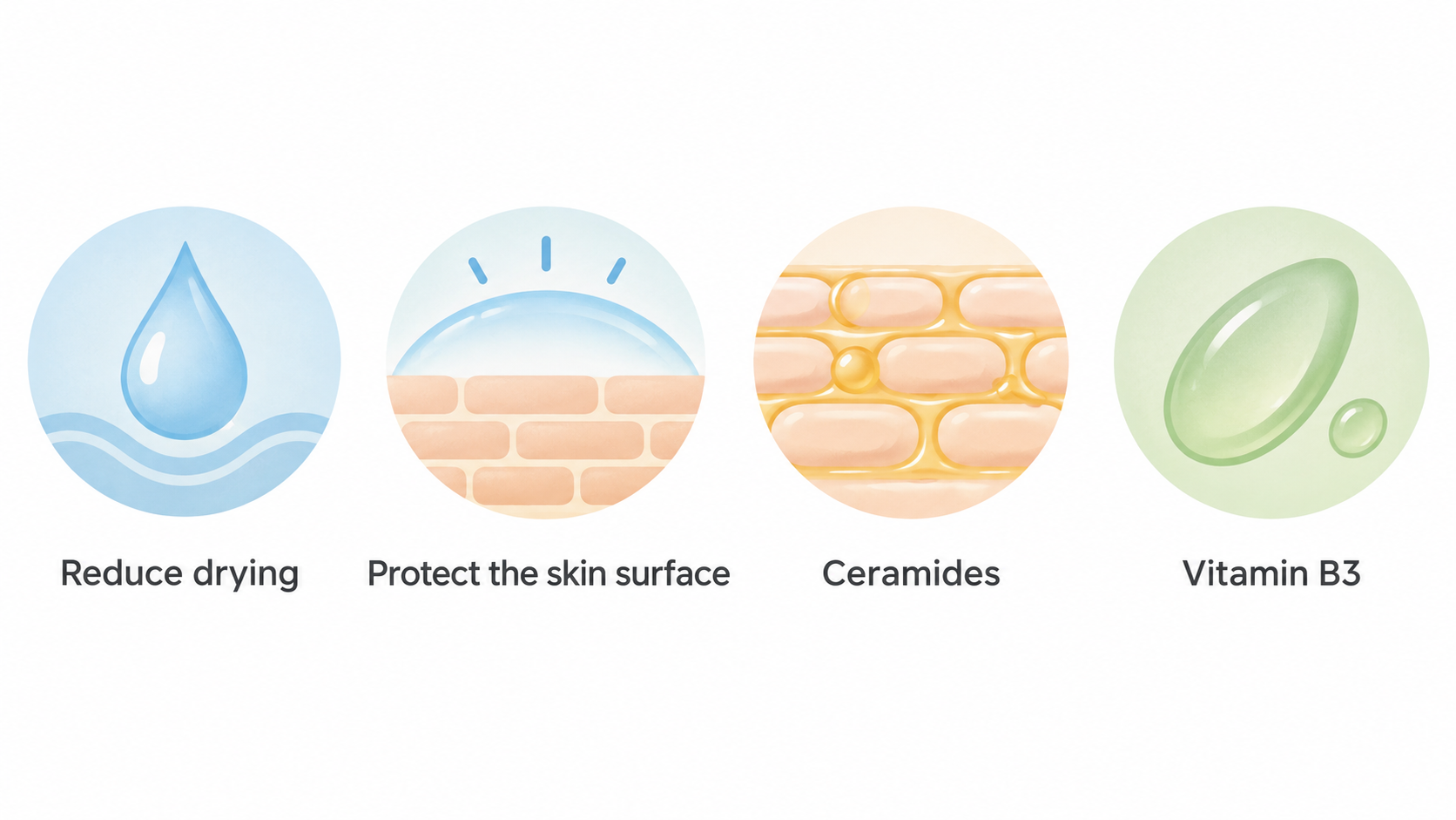 Show one horizontal row of four icons labelled “Humectants”, “Emollients”, “Occlusives”, and “Barrier-associated lipids”.